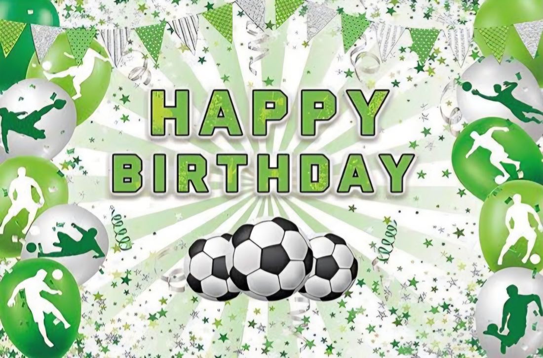 Football birthday party at BAF — festive banner with footballs, balloons and player silhouettes in the academy's green and white colours